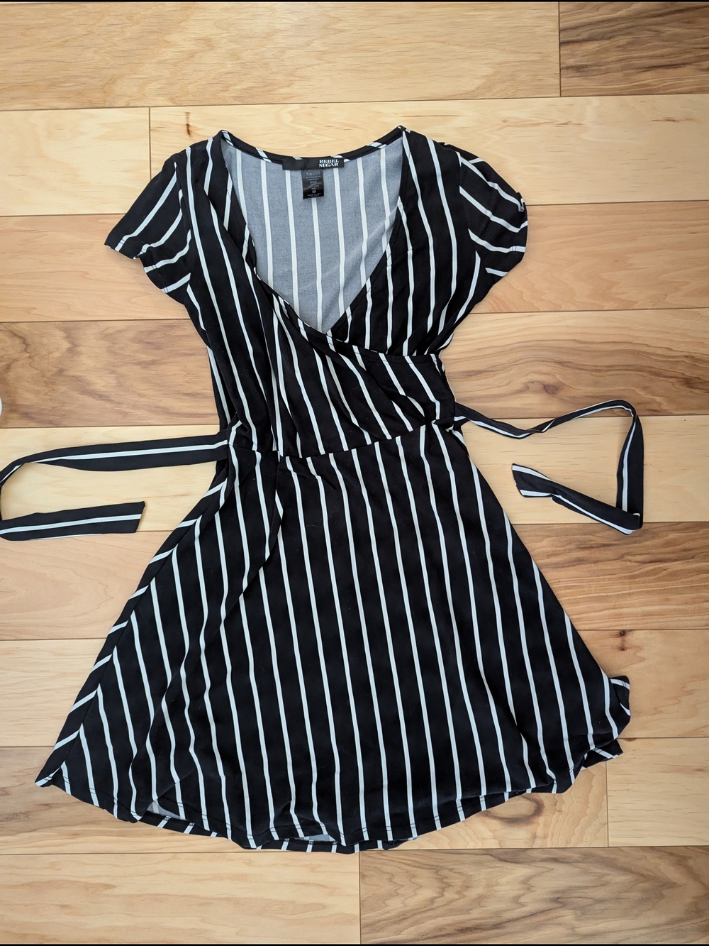 Rebel Sugar Black & White Vertical Stripe Faux Wrap Mini Dress